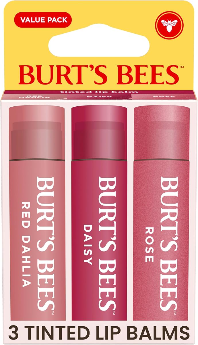 Burts Bees Tinted Lip Balm Value Pack, Includes Red Dahlia, Daisy and Rose, 8 Hour Moisture, Provides a Hint of Color, Nourishing Shea Butter, 100 Percent Natural Origin, 0.15 oz., Three Tubes