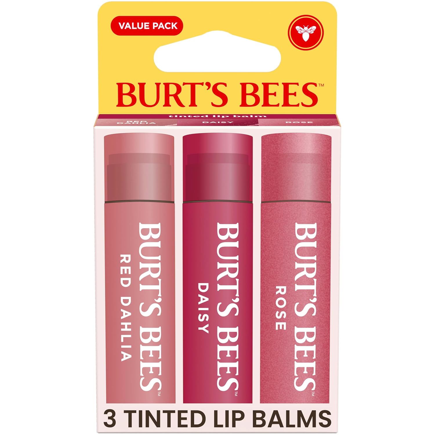 Burt’s Bees Tinted Lip Balm Value Pack Includes 3 Lip Balms: Red Dahlia, Daisy and Rose; 8 Hour Moisture; Provides a Hint of Color; Nourishing Shea Butter; 100% Natural Origin; 3 Tubes; 3×0.15 Oz.
