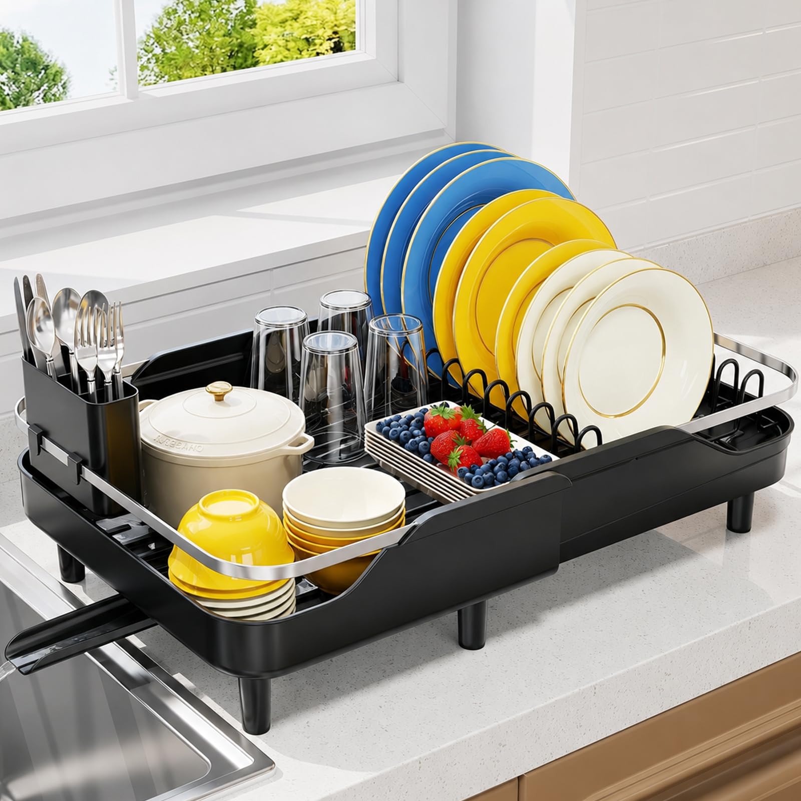 Urackify Expandable Dish Drying Rack for Kitchen Counter, 16.2-23.7", Black Global Recycled Standard Global Recycled Standard Global Recycled Standard