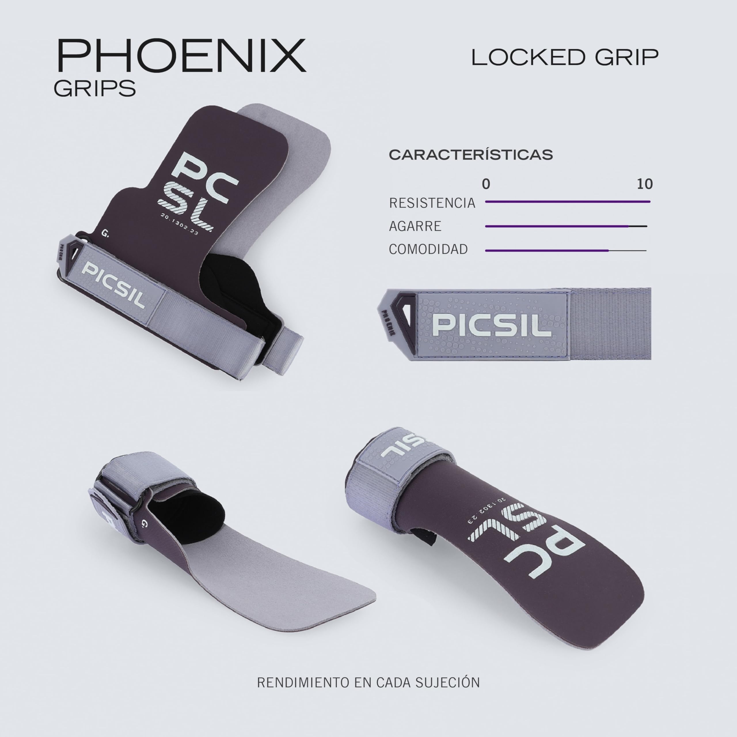 PICSIL Calleras Phoenix + Muñequeras + Bolsa, Uso Sin Magnesio, Agarre en Todas Superficies y Cualquier Tipo de Barra, Diseñadas para Todos los Atletas (Plum, G+)