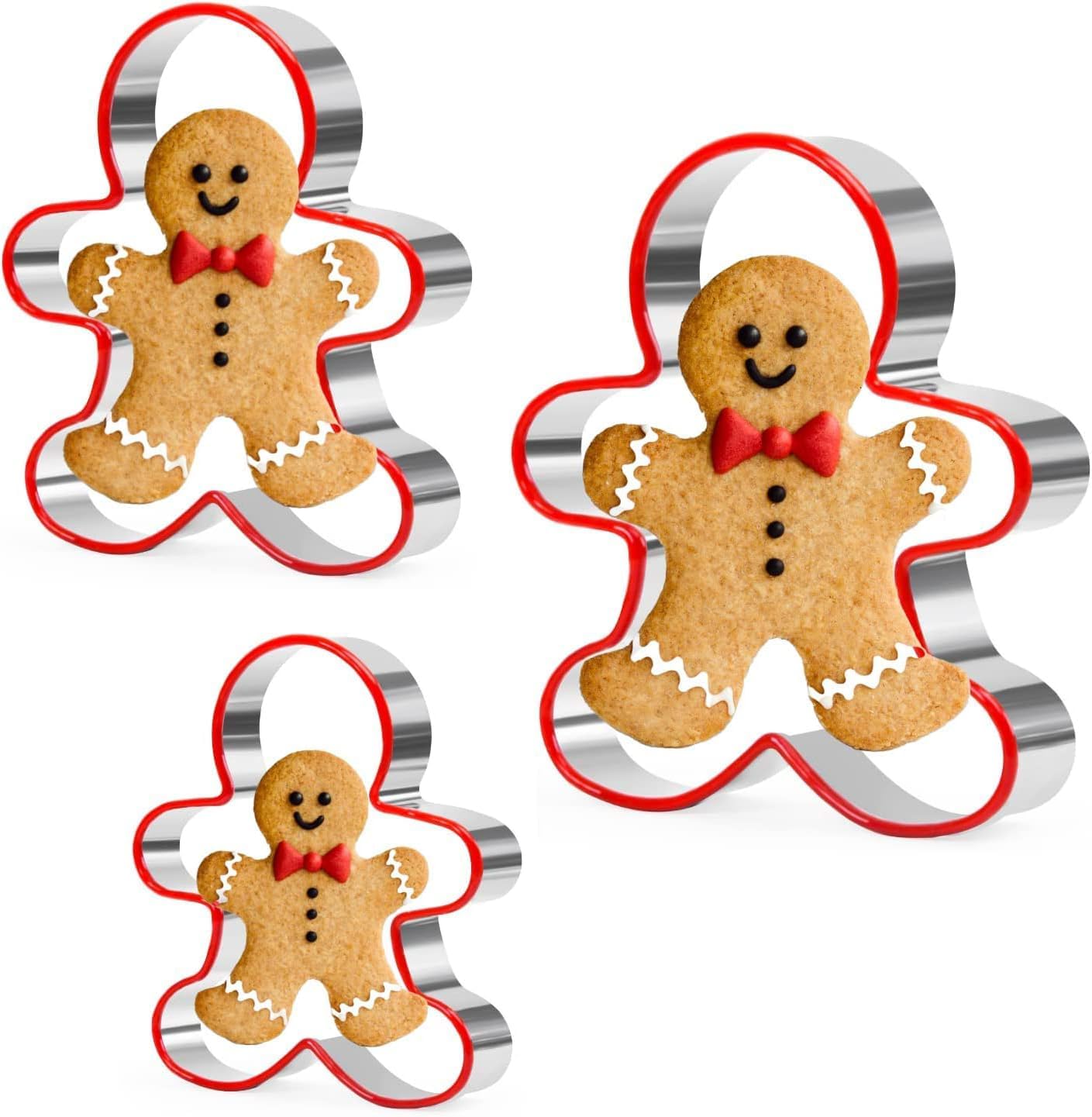 Grlifbaw Gingerbread Man Cookie Cutters 3PCS, Stainless Steel Christmas Cookie Cutter Tools With Red Environmental PVC, Gingerbread Boy Shape Moulds - View #10