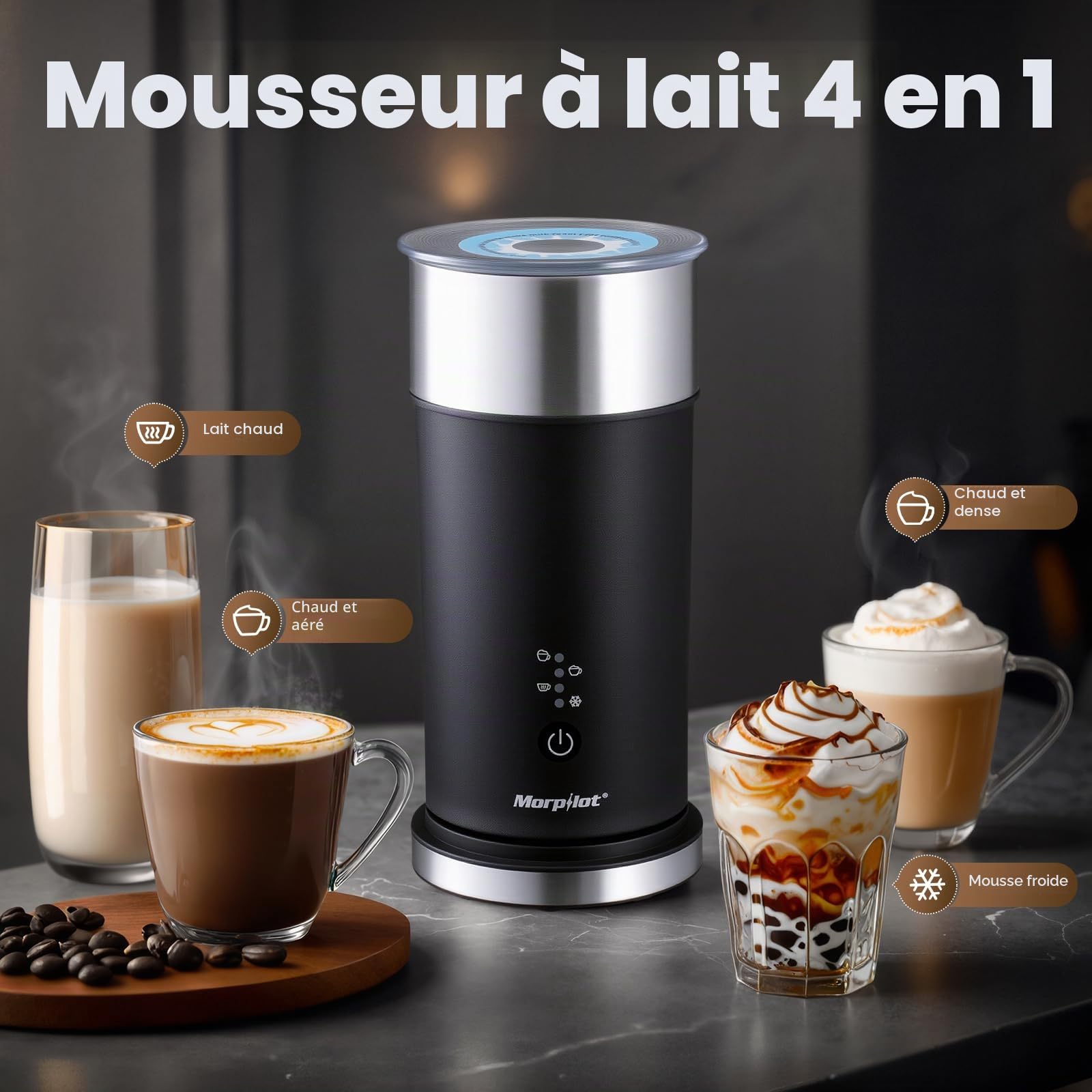 Morpilot Mousseur à Lait Electrique 4 EN 1, 80-240ml 400W Emulsionneur à Lait pour Mousse Chaude et Froide, Chauffe-lait avec Revêtement Antiadhésif en Acier Inox pour Macchiato Cappuccino Latte