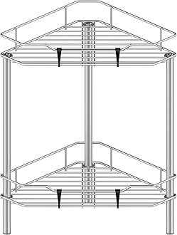 2 Tier Floor Standing Corner Shower Caddy Organizer Shelf with Hooks, Bathroom Shelves Stand Rack, Gray
