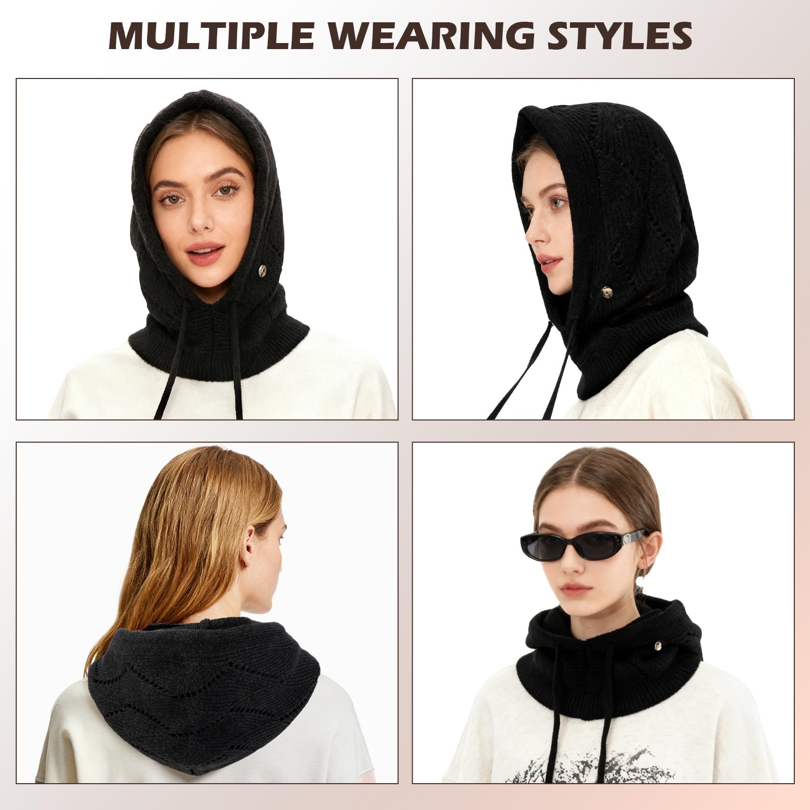 Damska zimowa luźna dzianinowa czapka, ciepła wiatroszczelna regulowana czapka z kapturem Snood, szalik 2 w 1, moda na co dzień, kominiarka, czapki beanie z ocieplaczem na szyję dla kobiet