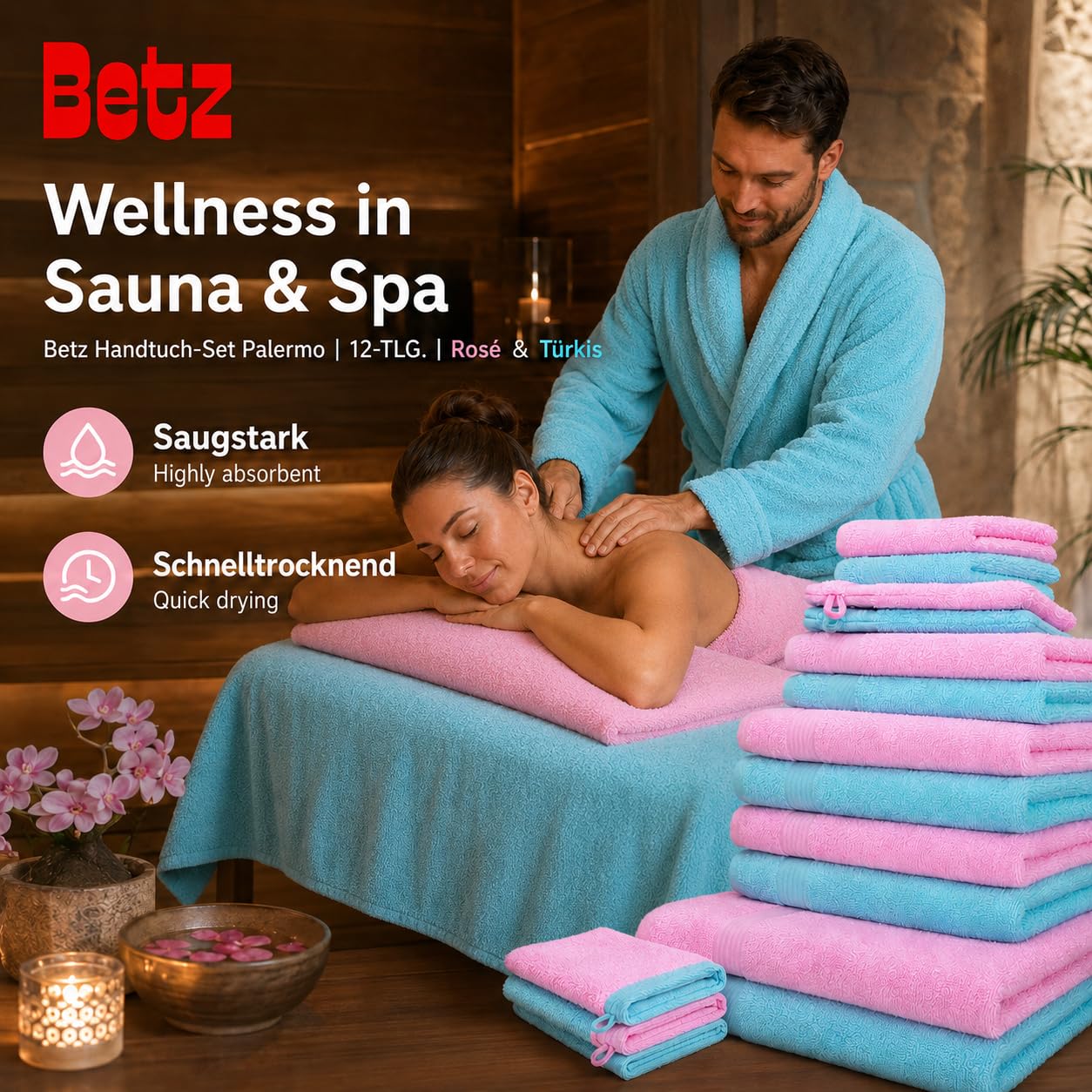 Betz Lot de 12 pièces 100% Coton Palermo 2 draps de Bain 4 Serviettes de Toilette 2 d'invités 2 lavettes 2 Gants de Toilette Couleur Rose et Turquoise