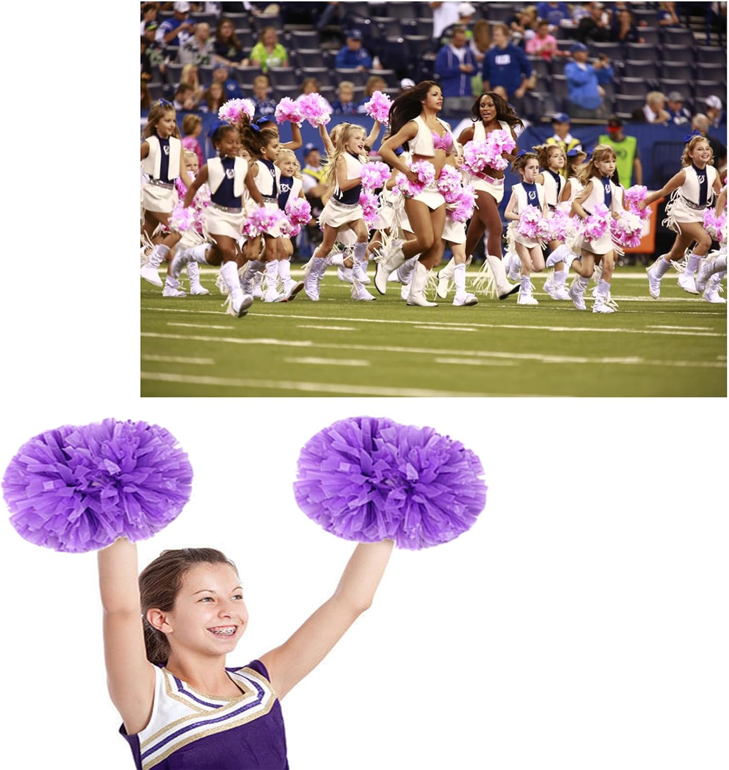 2 Pack Cheerleading Pom Poms with Baton Handle Rainbow Colorful Cheer Pom Poms for Sports Team Spirit Cheering Kids Adults image 2
