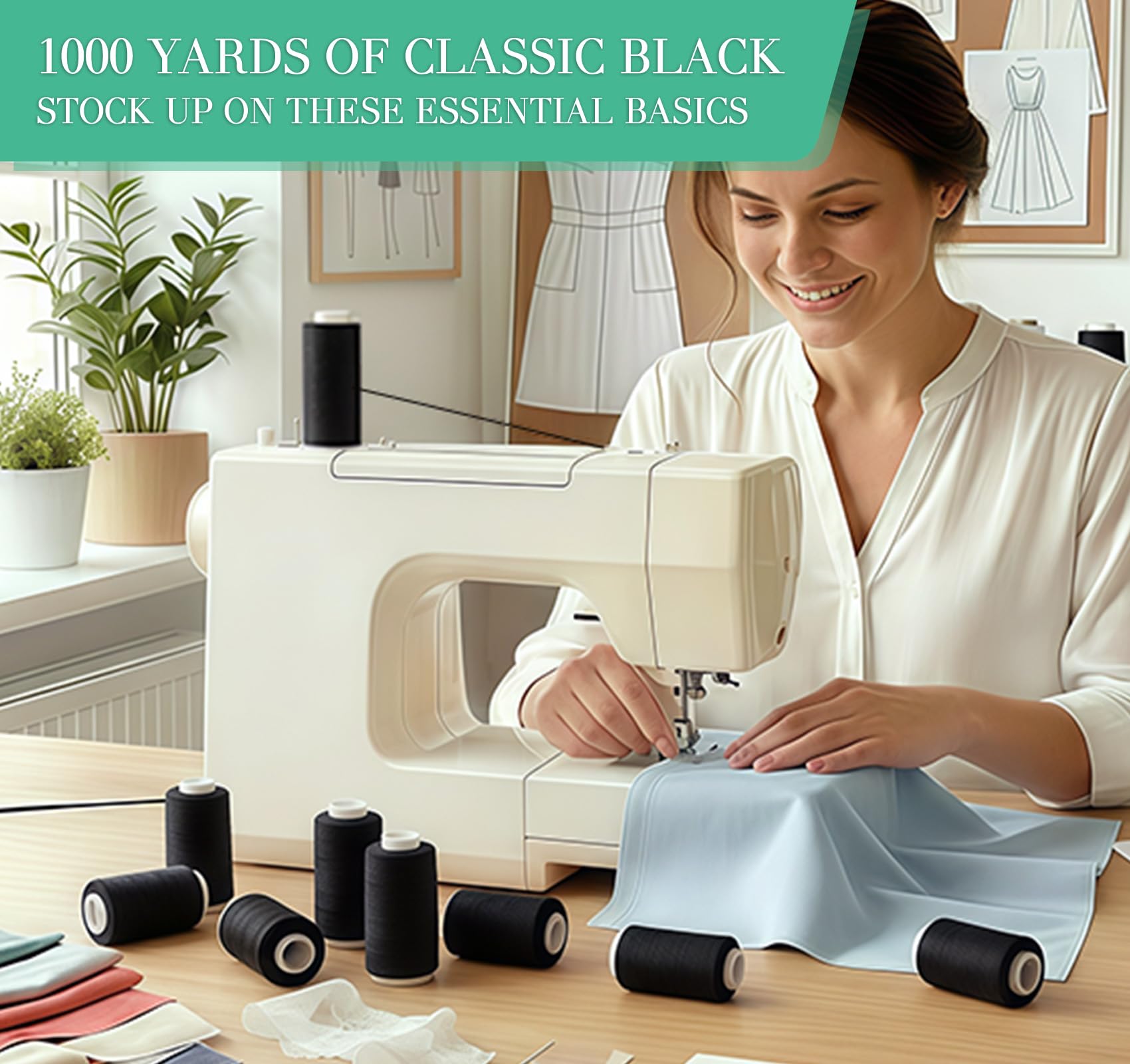 Hilo para coser, hilo de coser negro, 1000 yardas por carrete, hilo negro de poliéster, hilo multiusos, surtido de hilos para máquina de coser para coser a mano con enhebradores de aguja y