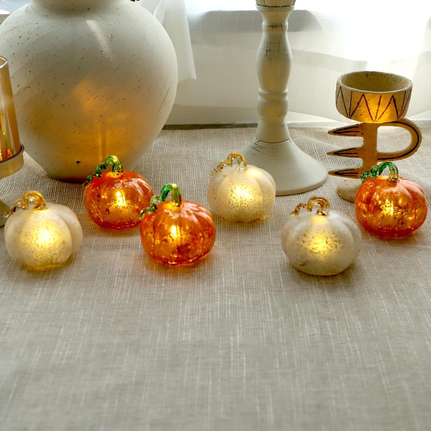 Light Up Glass Pumpkins (Set of 3) - Silver Frosted Crackle LED Pumpkin Decor with Warm White Lights, Battery Operated Fall Centerpiece for Table, Halloween, Thanksgiving & Christmas Decorations