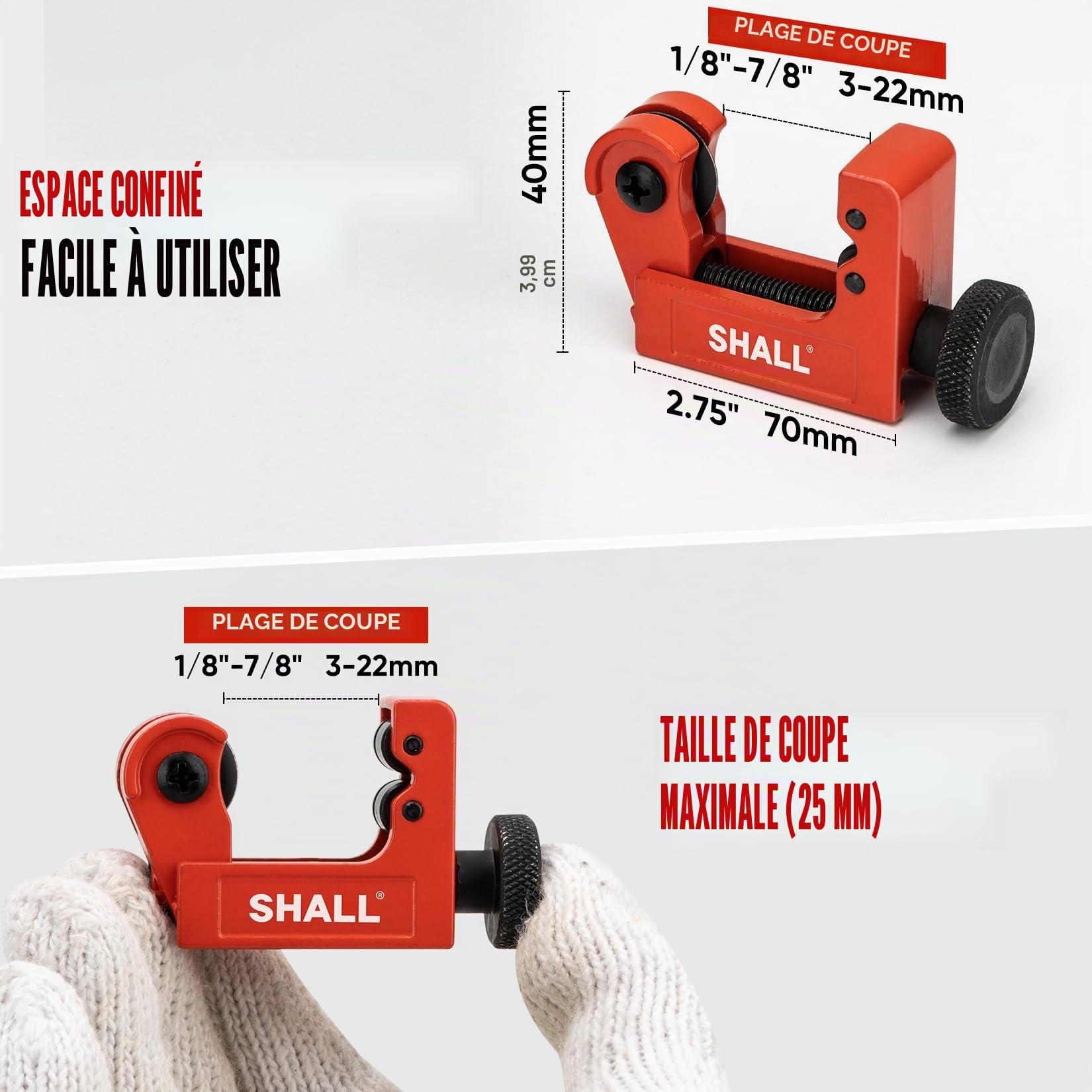 SHALL Lot de 4 coupe-tubes robustes Ø 6-50 mm, mini cutter Ø 3-22 mm, avec 2 outils d'ébavurage, convient pour PVC/aluminium/cuivre