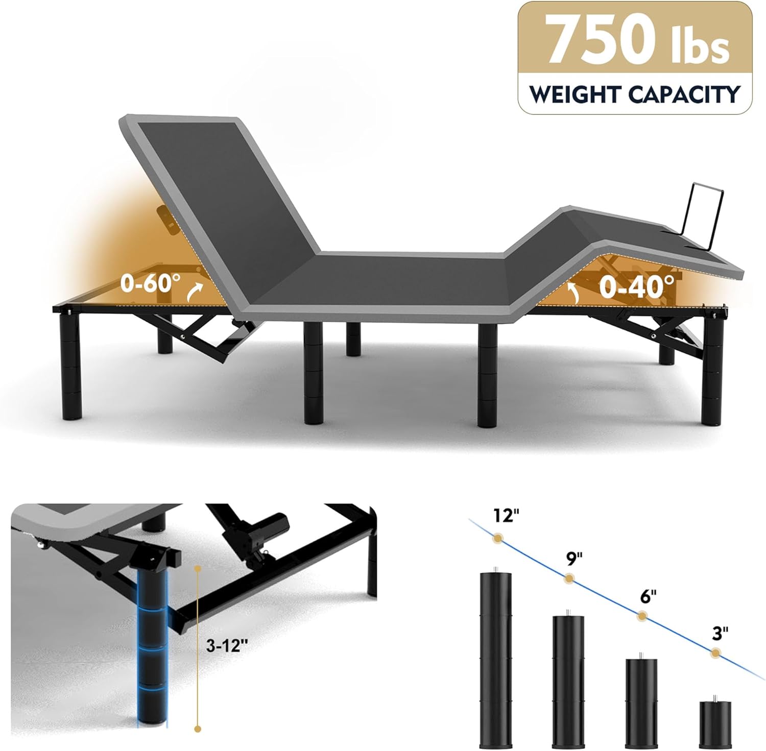 Queen Adjustable Bed Frame with Remote, Massage Head, LED Lights & USB Chargers, Height Adjustable Electric Bed Base for Foot Incline (Queen)