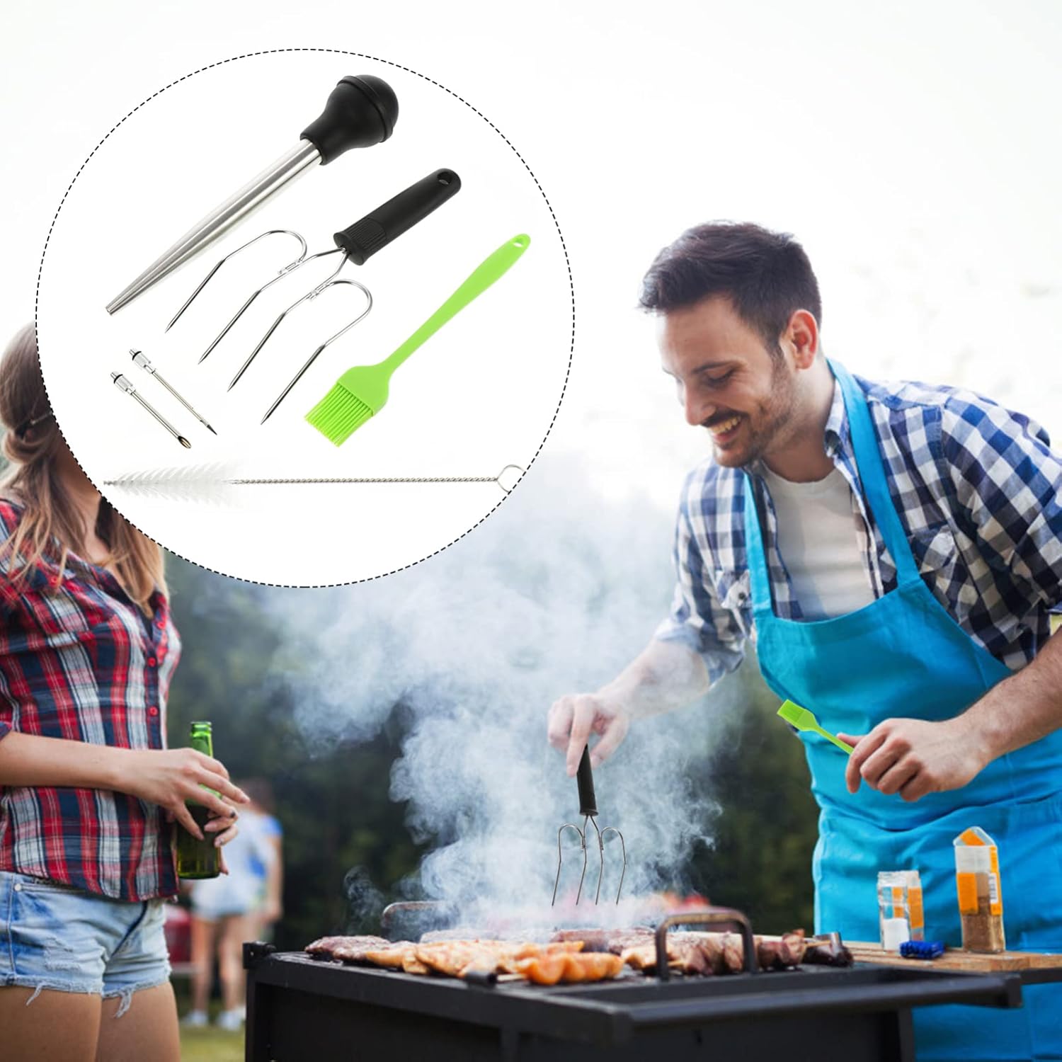 3sets BBQ of Steel Needles for Sauce Roast Dispenser Thanksgiving Needle Meat Injection Kitchen Injector Cooking Silicone Seasoning Fork Brush Basting Baking Barbecue Pump Sticks Brushes