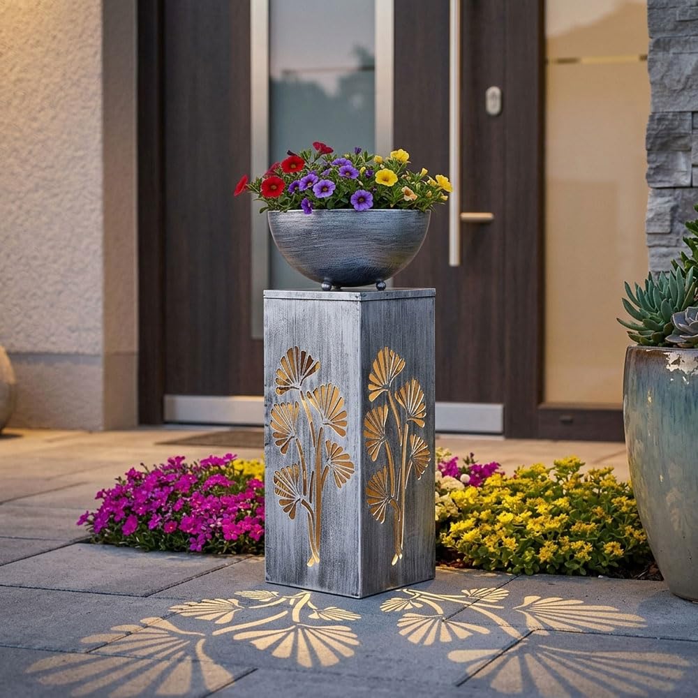 Dekosäule mit Pflanzschale und Beleuchtung Solar Säulenleuchte Außen Pflanzsäule mit Schale Metall, Lichteffekt, 1x LED warmweiß, H 59 cm, Garten