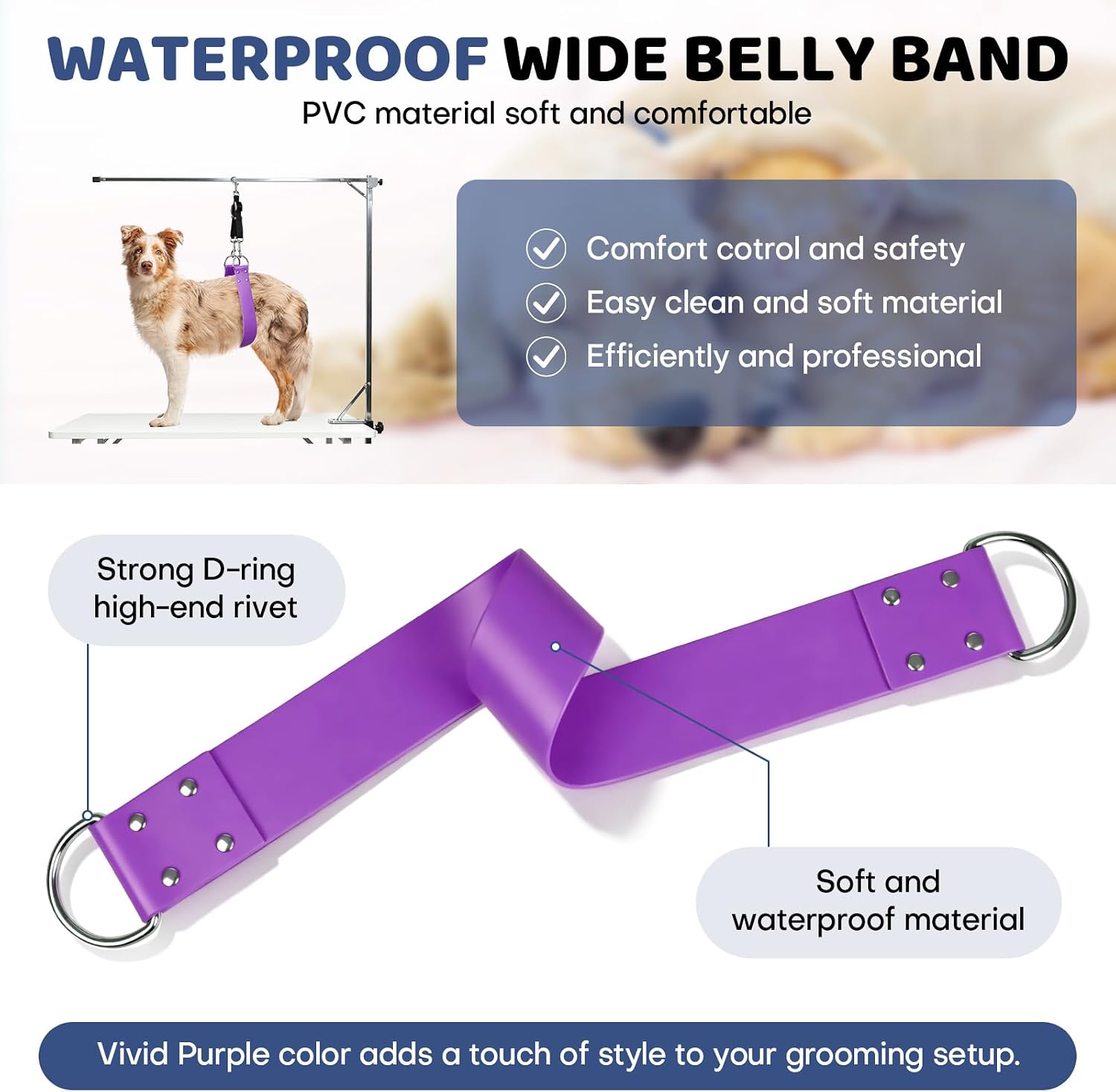 Dog Grooming Belly Strap, 2-Inch (5 cm) Extra Wide Waterproof PVC Support Band with Adjustable Restraint Loop for Pet Bathing and Hair Trimming, Purple, Medium image 4