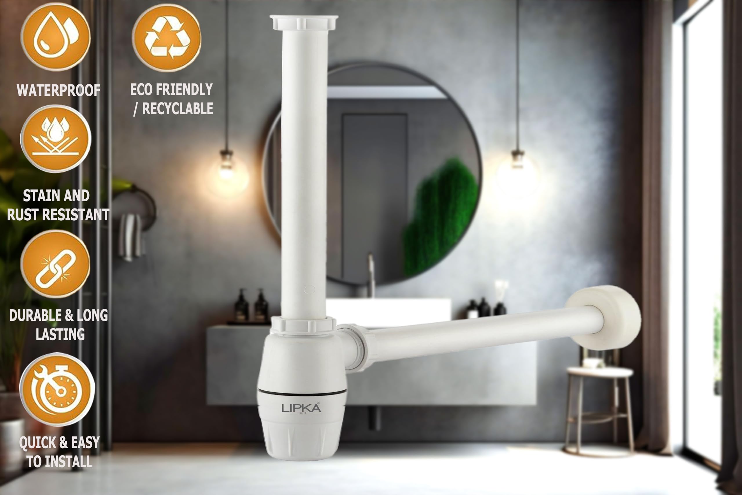 Lipka ABS Bottle Trap for Washbasins | Matte Finish Bottle Trap with Wall Flange and 12 Inches Pipe | Round | Ivory 1