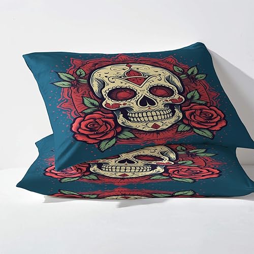 Miniatura 10 de Day of The Dead - Juego de sábanas de 4 piezas, tamaño Queen, diseño de calavera mexicana, sábanas y fundas de almohada, 4 piezas, sábana bajera