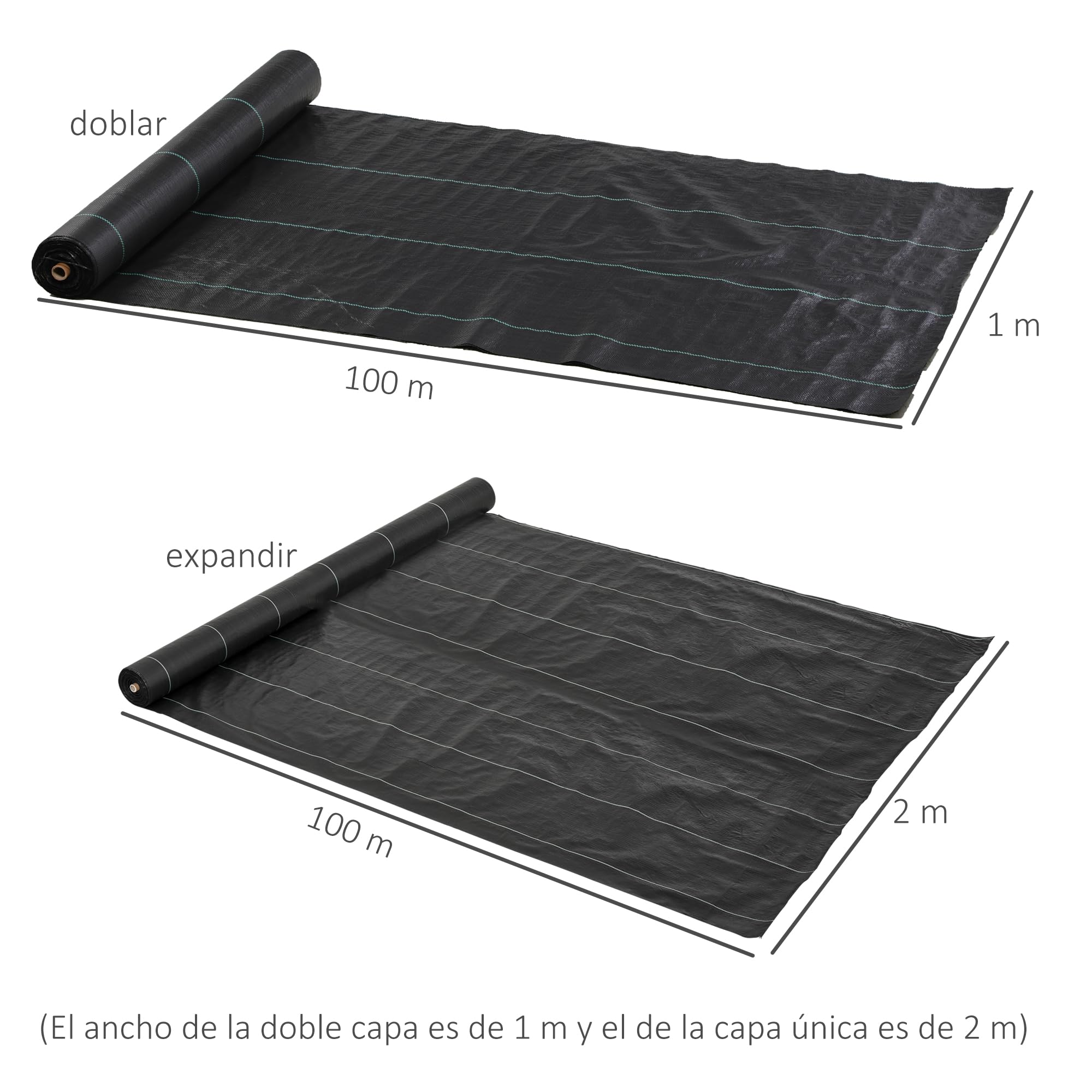 Outsunny Malla Antihierbas Malla Antimaleza 2x100 m Malla Geotextil para Control de Malezas y Malas Hierbas de Jardín Rollo de Malla Antimaleza para Terraza Patio Negro