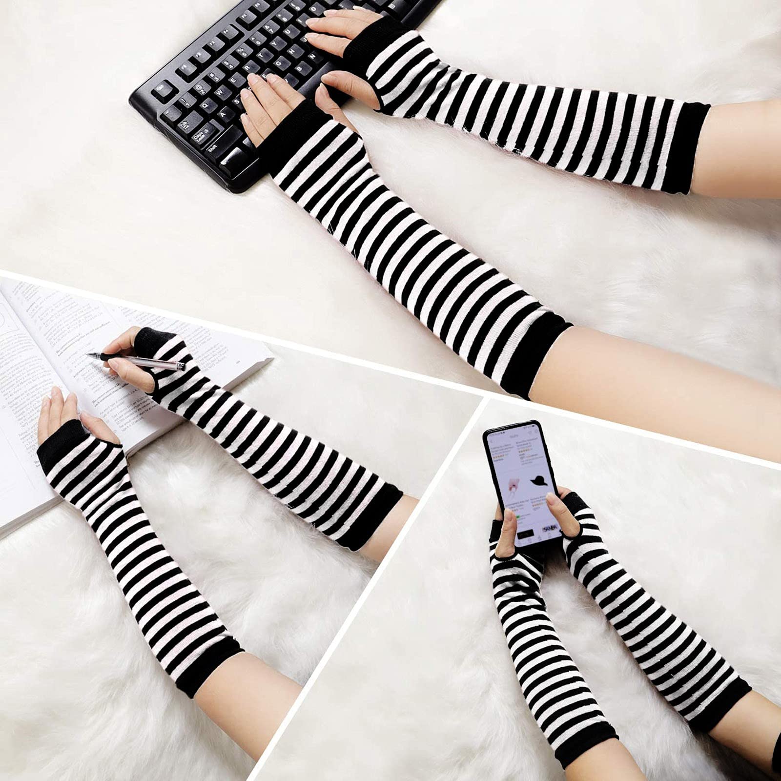 ZOCONE 6 Pairs Striped Long Fingerless Gloves For Women, Striped Arm