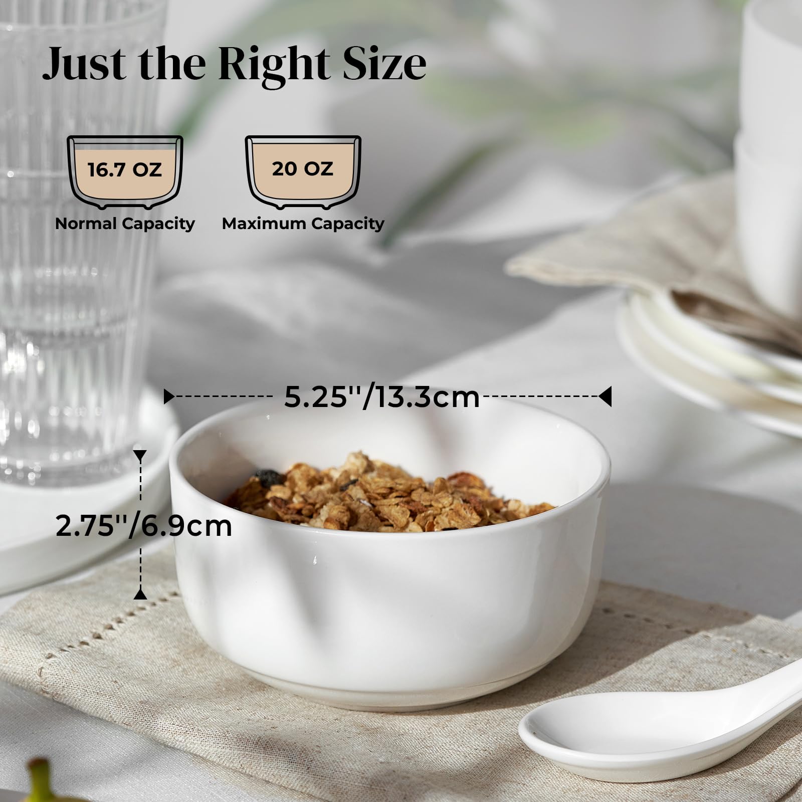 DOWAN Set de 6 Cuencos de Cereales, 650ml Tazones Desayuno, Boles para Aperitivos, Sopa, Paella, Arrozos, Postre, Helados, Picoteo, Vajilla de Porcelana, Apto para Microondas & Lavavajillas, Ø 13.3cm