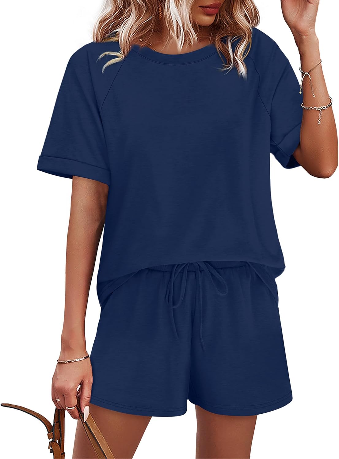 WIHOLL Two Piece Short Sets for Women Casual Summer Short Sleeve Crew Neck Lounge Matching Set Spring Outfits - Image 2