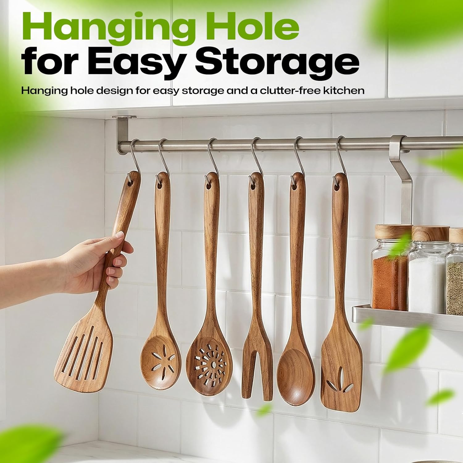 AIUHI Wooden Kitchen Utensil Set, Complete 33-Piece Wooden Cooking Utensil Set with Spoons, Spatulas, Measuring Tools & Storage, Non-Stick Safe Wooden Utensils for Kitchen