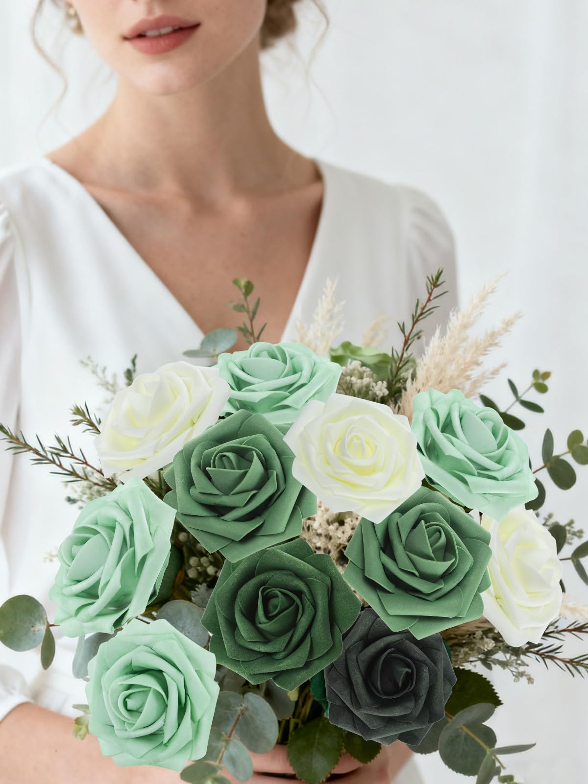 25 rose artificiali bianche e verdi, rose finte in schiuma realistica al tatto, per bouquet da sposa, centrotavola, composizioni floreali, feste, decorazioni per la casa