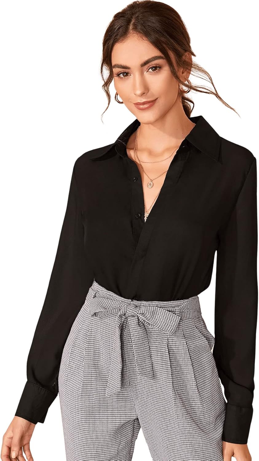 SweatyRocks Women's Collared Button Down Long Sleeve Shirt Basic Plain Chiffon Blouse Top