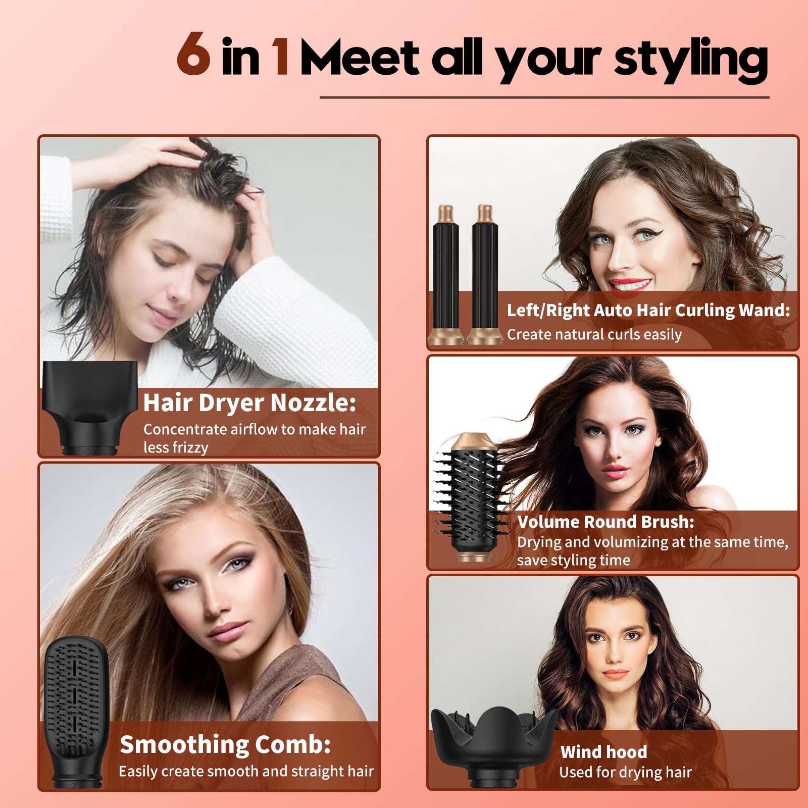 Kit de coiffure Airstyler 6 en 1, peigne à air chaud pliable, brosse ionique sèche-cheveux & fer à boucler, cadeau pour femmes
