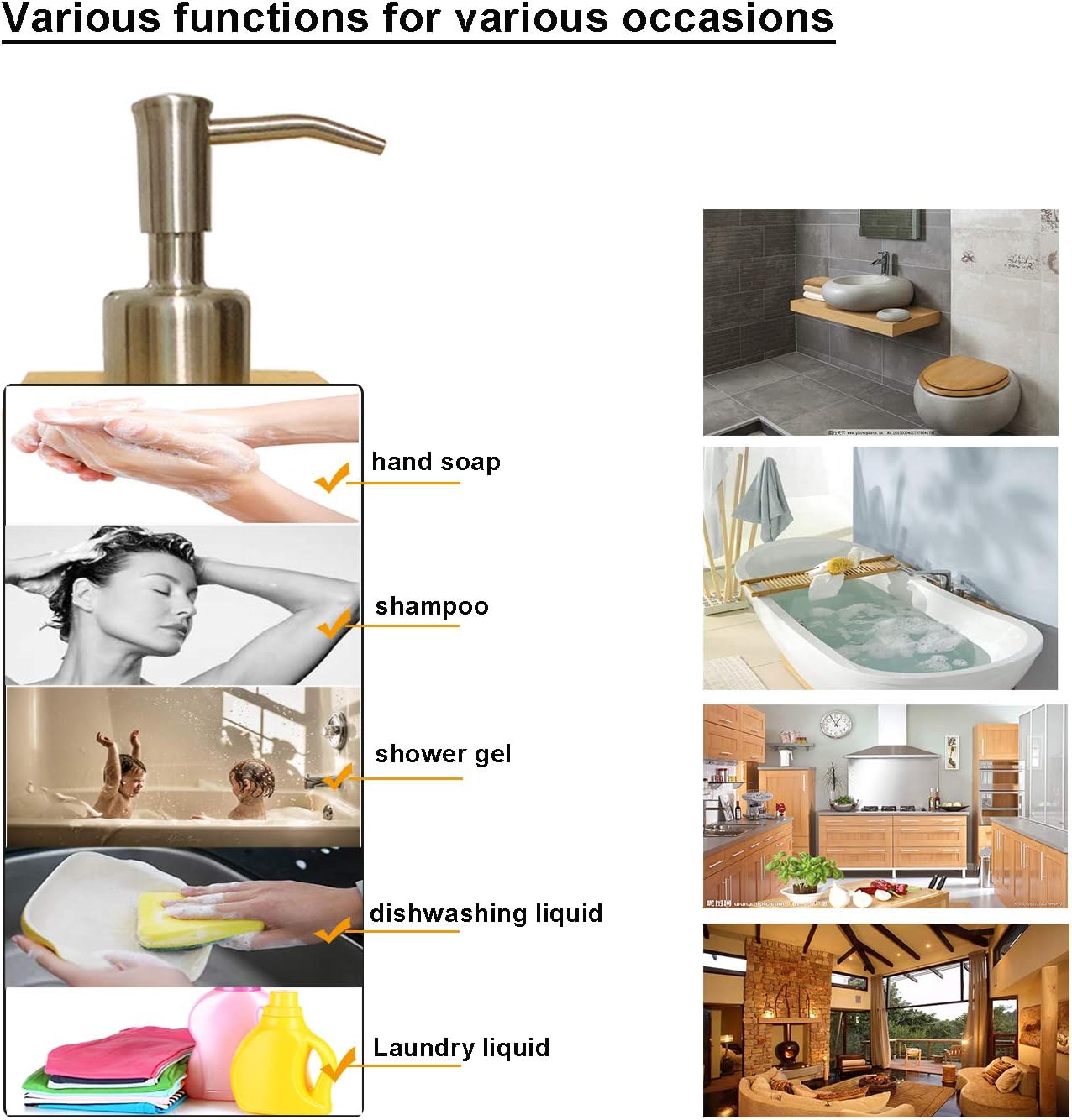 8 oz Bamboo Soap Dispenser with Stainless Steel Spray Head for Bathroom Accessories and Various Liquids, Trapezoid