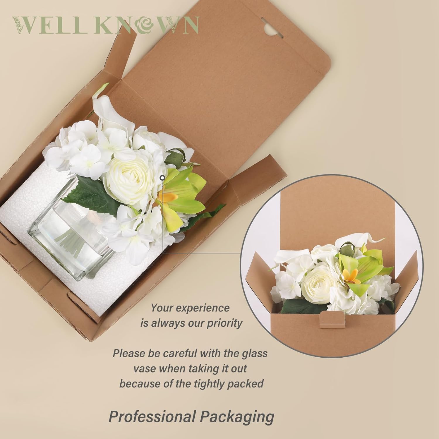 WELL KNOWN Fake Flowers in Vase, Mixed Artificial Flower with Fake Water in Glass Vase Realistic Hydrangea Calla Lily Ranunculus Silk Faux Floral Centerpiece for Coffee Dining Table Office Decor White - Image 8