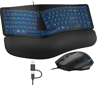 EDJO Wired Backlit Ergonomic Keyboard Mouse Combo,Curved Split,Wrist Rest