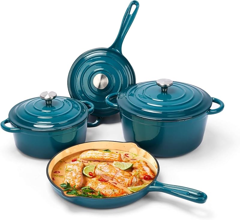 Enameled Cast Iron Cookware Set,7 Piece Dutch Ovens Set,Teal | Ceramic Coated Cast Iron,Sauce Pan,Skillet,3 Lids,Pots and Pans Set,Heavy Duty, Gas & Induction Compatible,PFA Free