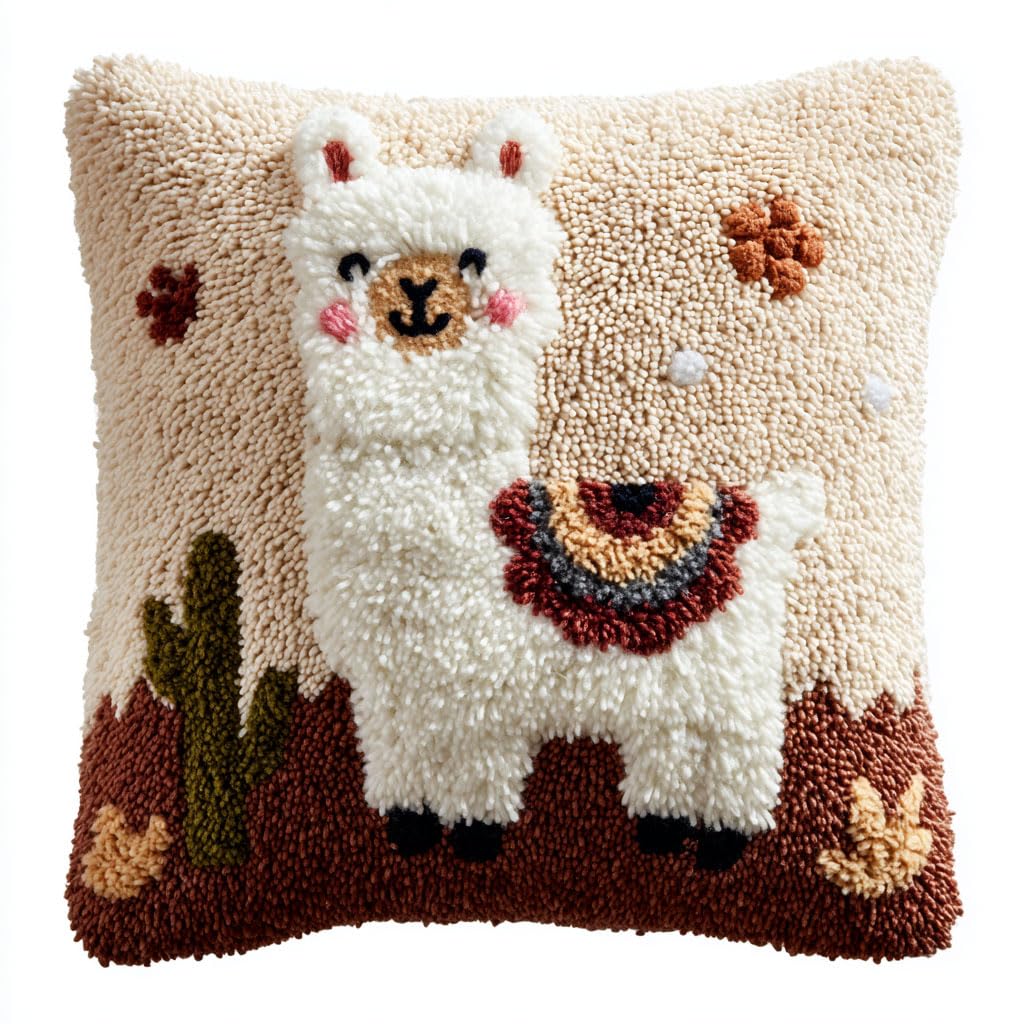 Taxpy Latch Hook Kits, Animal Alpaca Pillow DIY Rug Crochet Hook Cushion Making Kits with Preprinted Pattern Canvas DIY Handmade Sofa Cushion Kit 43x43cm