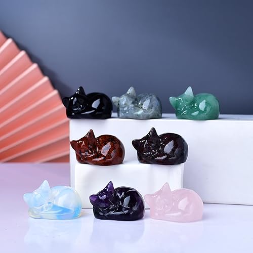 Miniatura 5 de WUYOUSHI Decoración de cristales de cuarzo rosa natural para gato, estatua de gato dormido, piedras preciosas pulidas, bonita figura de gatito,