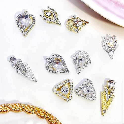 Miniatura 5 de XEAOHESY 20 dijes de uñas 3D dorados y plateados para uñas acrílicas, dijes de corazón con incrustaciones de diamantes de imitación transparentes,