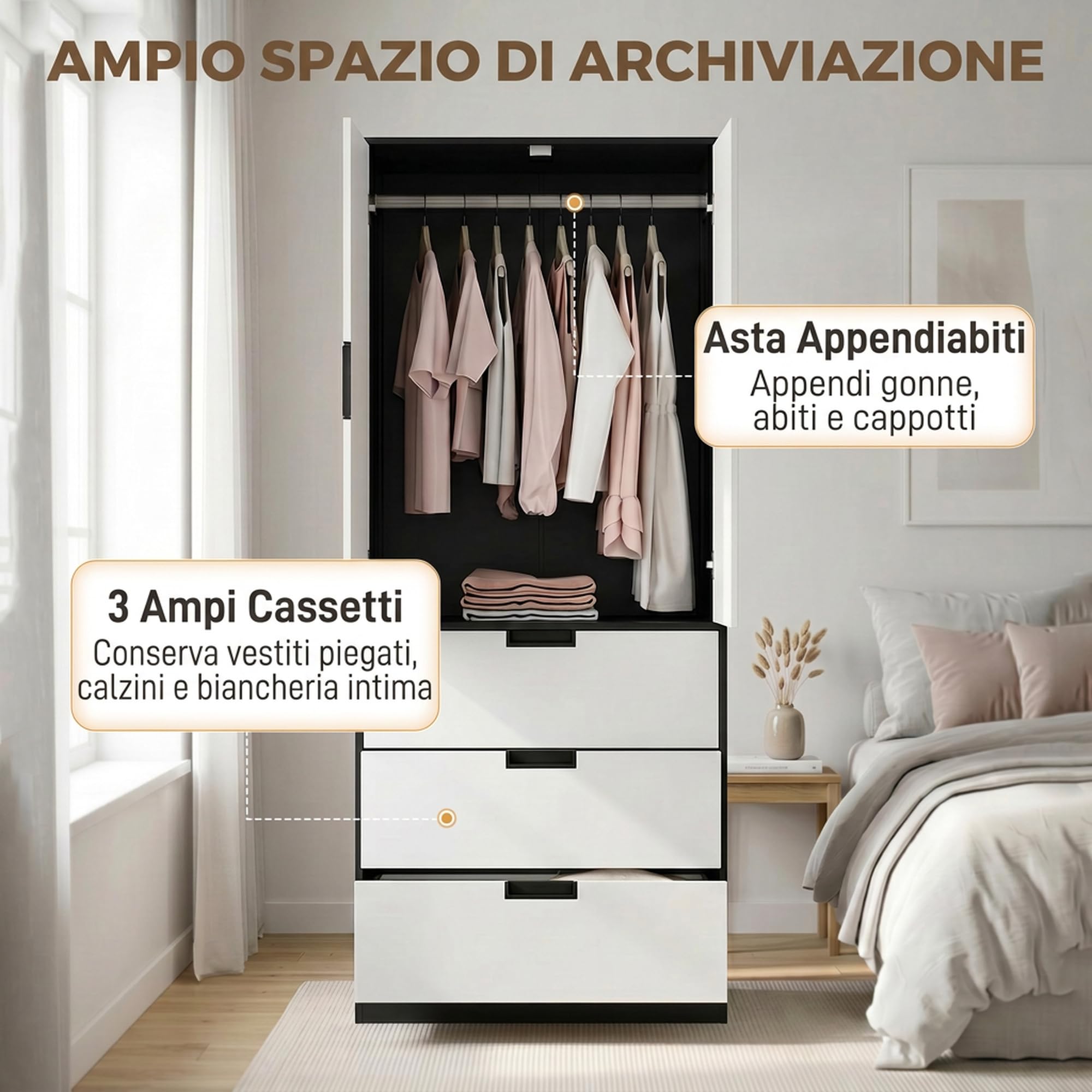 HOMCOM Armadio Camera da Letto 2 Ante Moderno 80x50x180 cm Bianco e Nero