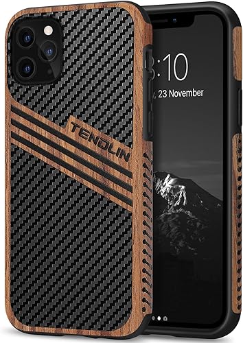Miniatura 12 de TENDLIN Compatible con iPhone 11 Pro Max Funda de grano de madera con textura de fibra de carbono, funda híbrida de cuero negro