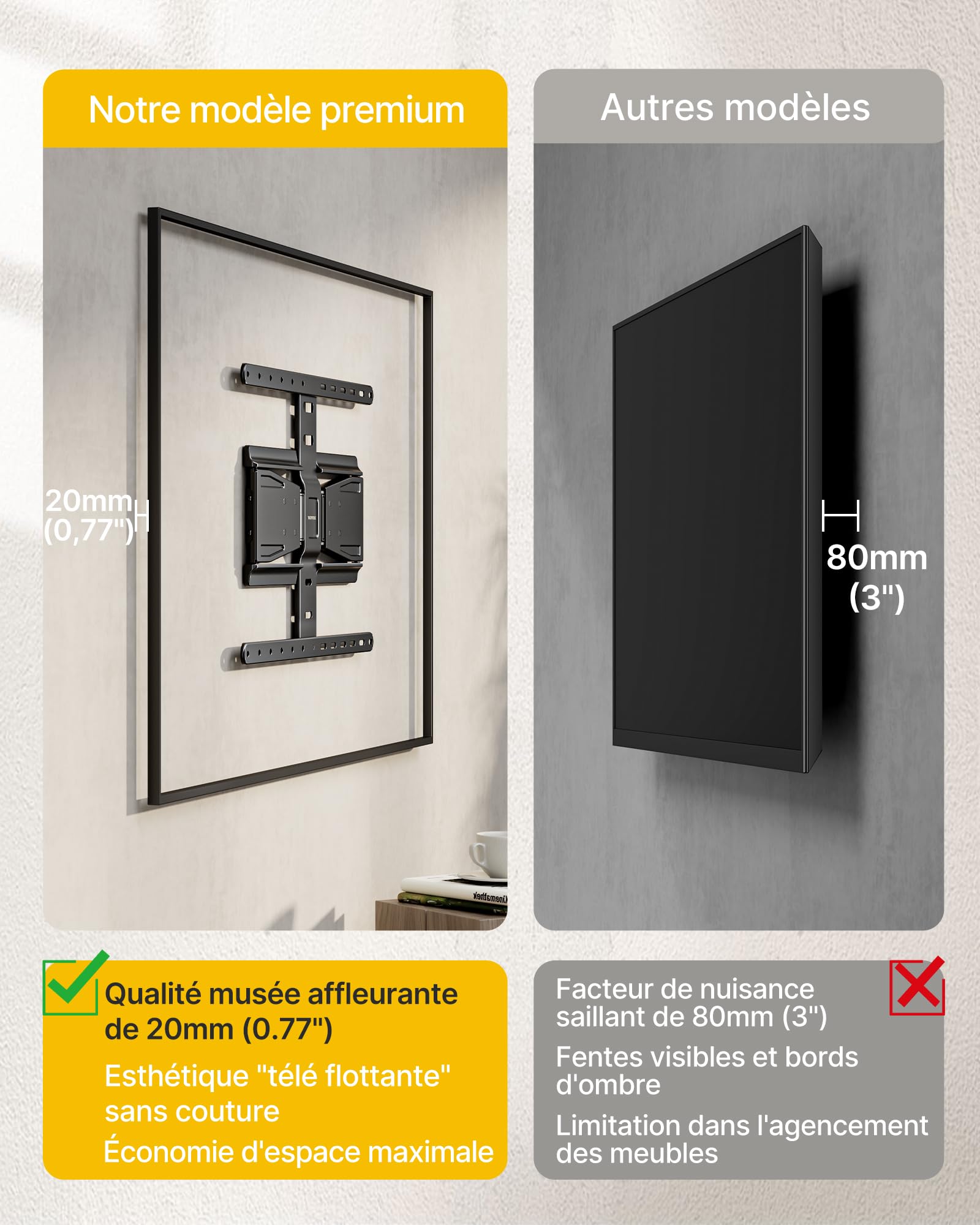monTEK Support TV Mural 37 à 75", VESA 400x400mm Max,Charge Max 50Kg