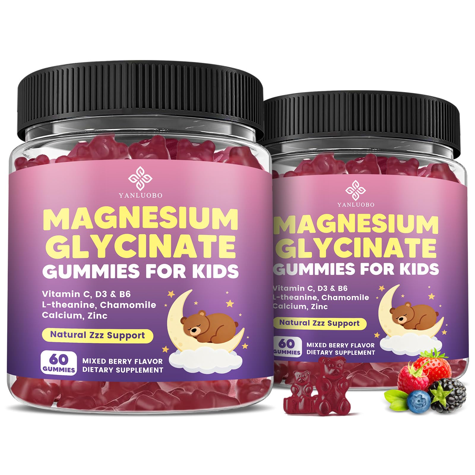 Kids Magnesium Gummies, Magnesium Glycinate Gummies 400mg/200mg with L-Theanine, Chamomile, Vitamin B6, D3 for Kids, Relaxation & Zzz Support, Nerve Bone - Sugar Free Mixed Berry Flavor 120ct 120 Count (Pack of 1)