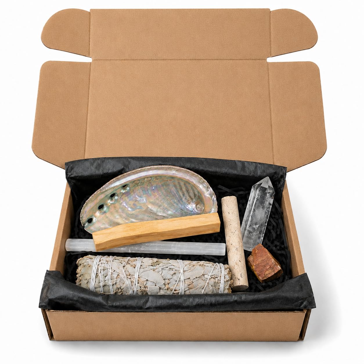 NeverBetterCo New Beginnings Smudge Kit β White Sage, Palo Santo, Selenite, Clear Quartz & Tigerβs Eye Gift Set