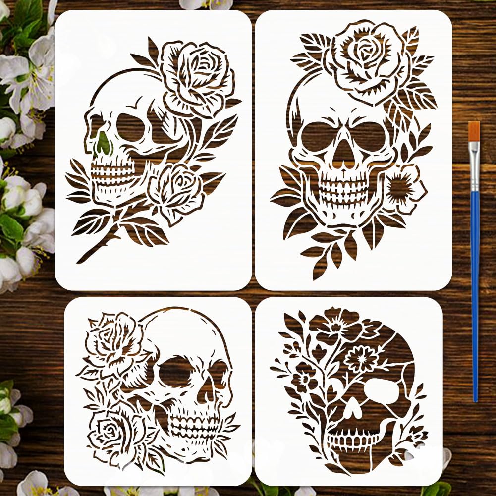FINGERINSPIRE 4Pcs Flower Skull Stencils with a Brush 2Sizes Skull Painting Stencils PET Floral Skeleton Pattern Stencil Skeleton Themes Template for Wood Floor Tile Wall DIY(20x20cm,297x210mm)