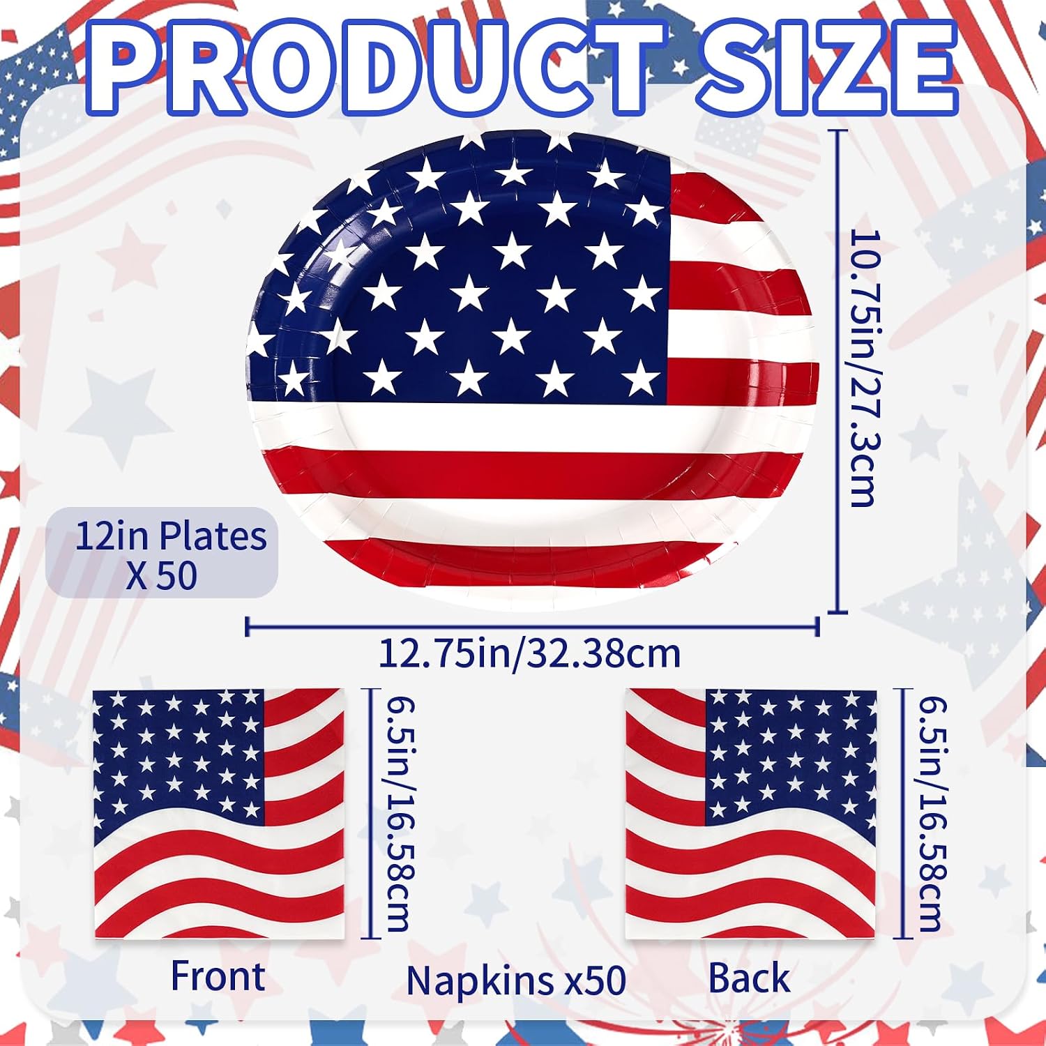 100 Pcs 4th of July Patriotic Paper Plates and Napkins Set Heavy Duty,12"x10" Large Red White Blue Oval Disposable Tableware Set for Veterans Election Day Independence Day American Flag Party Decor