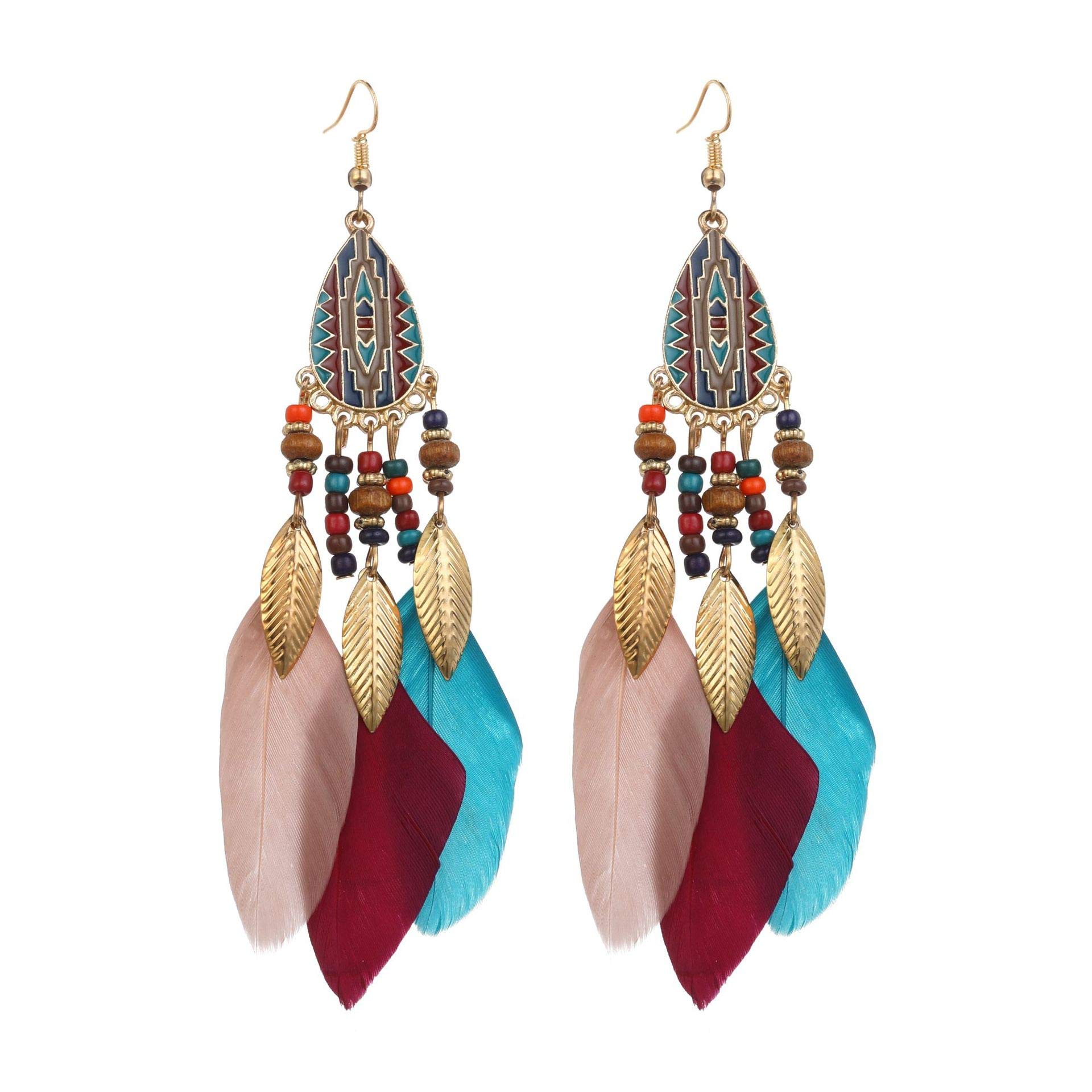 Set 6 Paia Orecchini Lunghi Boho Con Piume E Frange - Gioielli Etnici Colorati Per Donna - Idea Regalo Natale, Compleanno, San Valentino