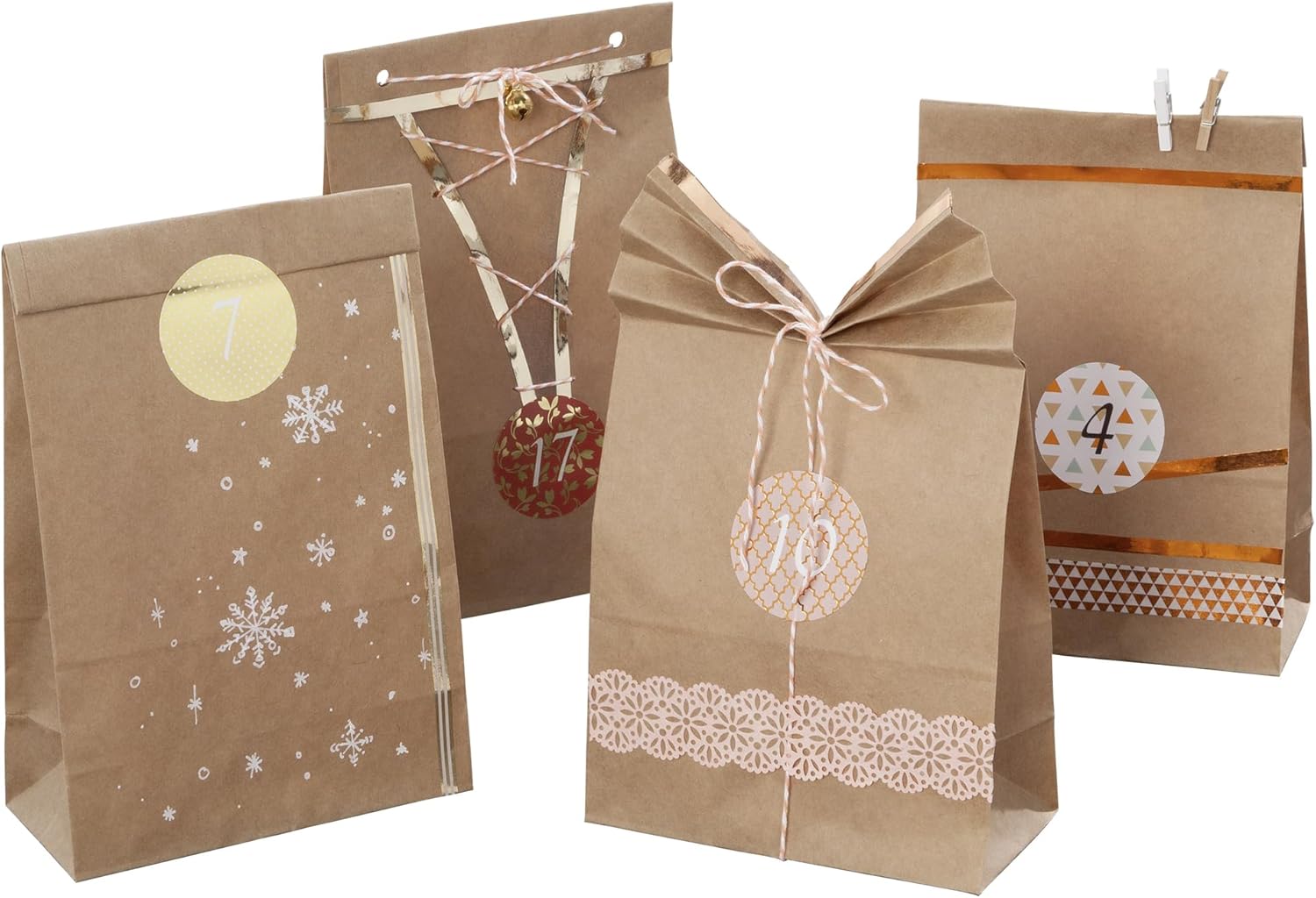 9401 Advent Calendar Set with 24 Food-Safe Paper Bags in White, Cord and Number Stickers