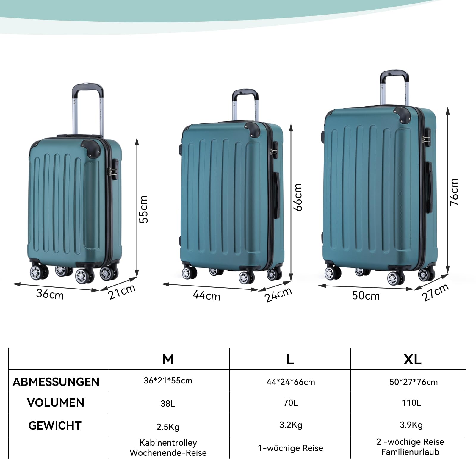 BEIBYE Zwillingsrollen Hardcase Reisekoffer Koffer Trolleys Hartschale in XL-L-M in 14 Farben (Dunkelgrün, Handgepäck (55cm))