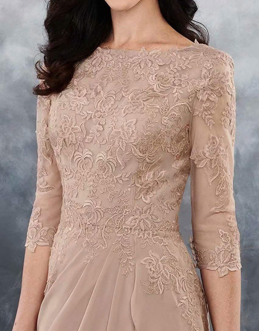 Mother of the Bride Dresses-Long Evening Formal Dress 3/4 Sleeve Lace Applique Ruffles
