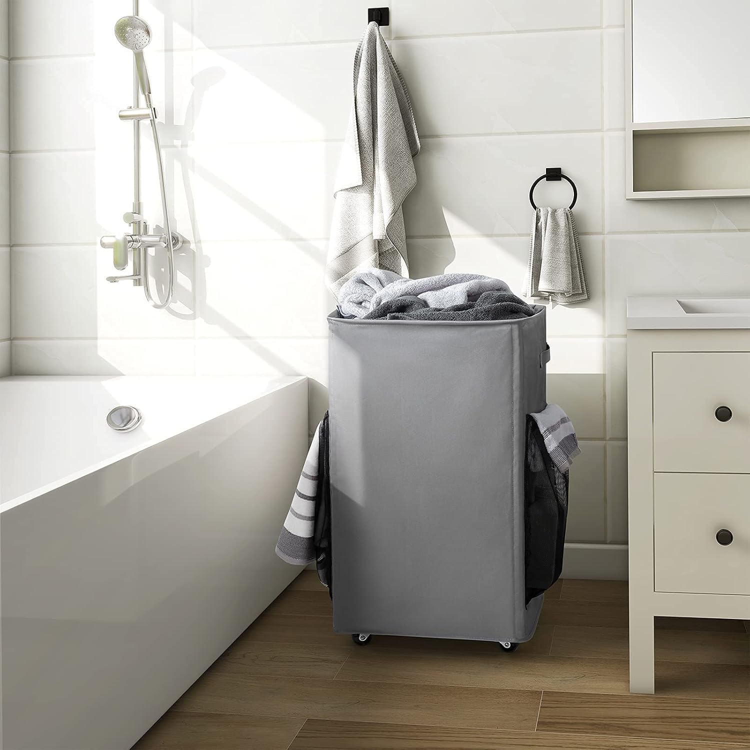 Chrislley 90L Rolling Laundry Basket Large Laundry Hamper with Wheels Collapsible Hamper Tall Storage Cart Foldable Clothes Organizer (Grey)
