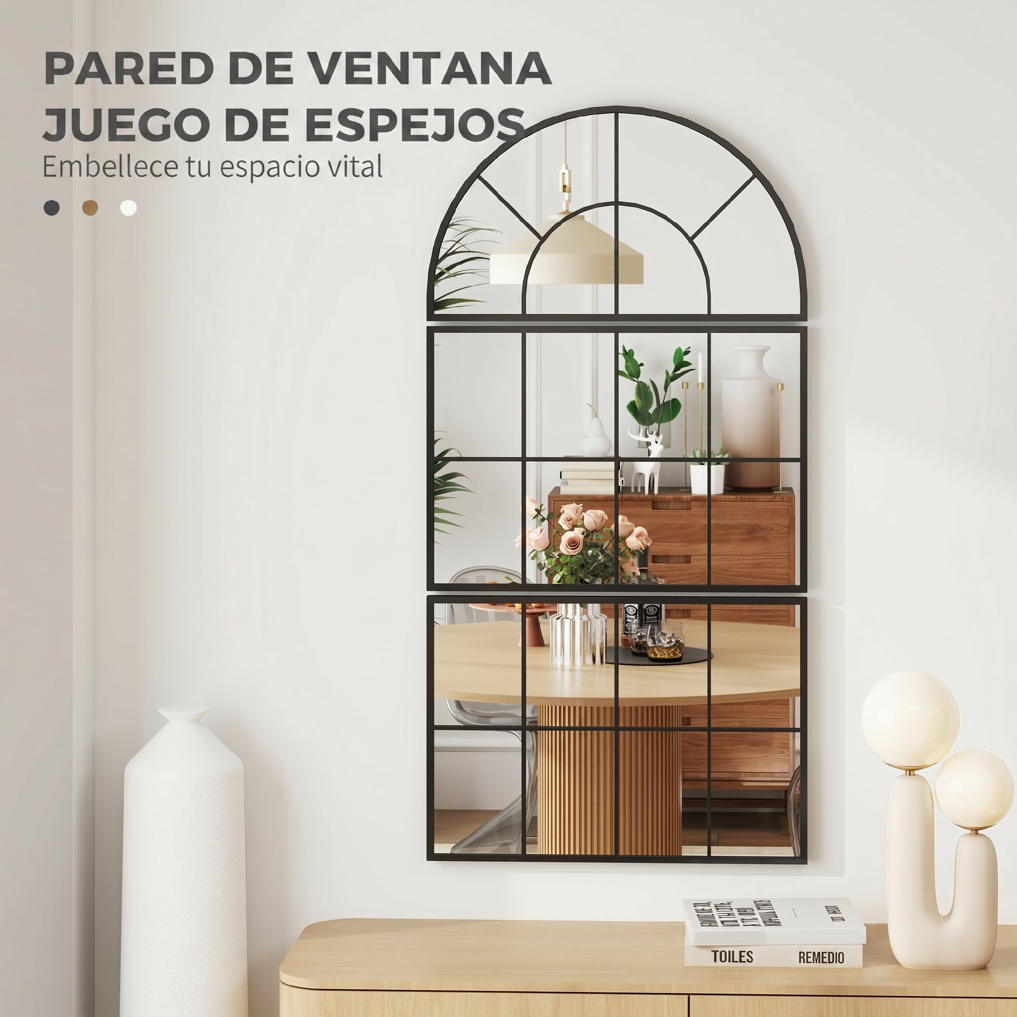 HOMCOM Espejo de Pared, 76x149 cm, 3 Piezas, Espejo de Recibidor con Marco de Metal en Forma de Ventana, Decoración para Salón, Dormitorio, Entrada, Negro
