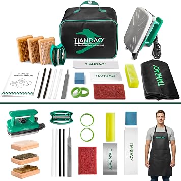 Ski Snowboard Tuning Waxing Kit with Iron, Wax, Edge Tuner, P-Tex, Base Brushes Includes Scraper, File, Sandpaper, Storage Bag Full DIY Ski Snowboard Maintenance Tool Set