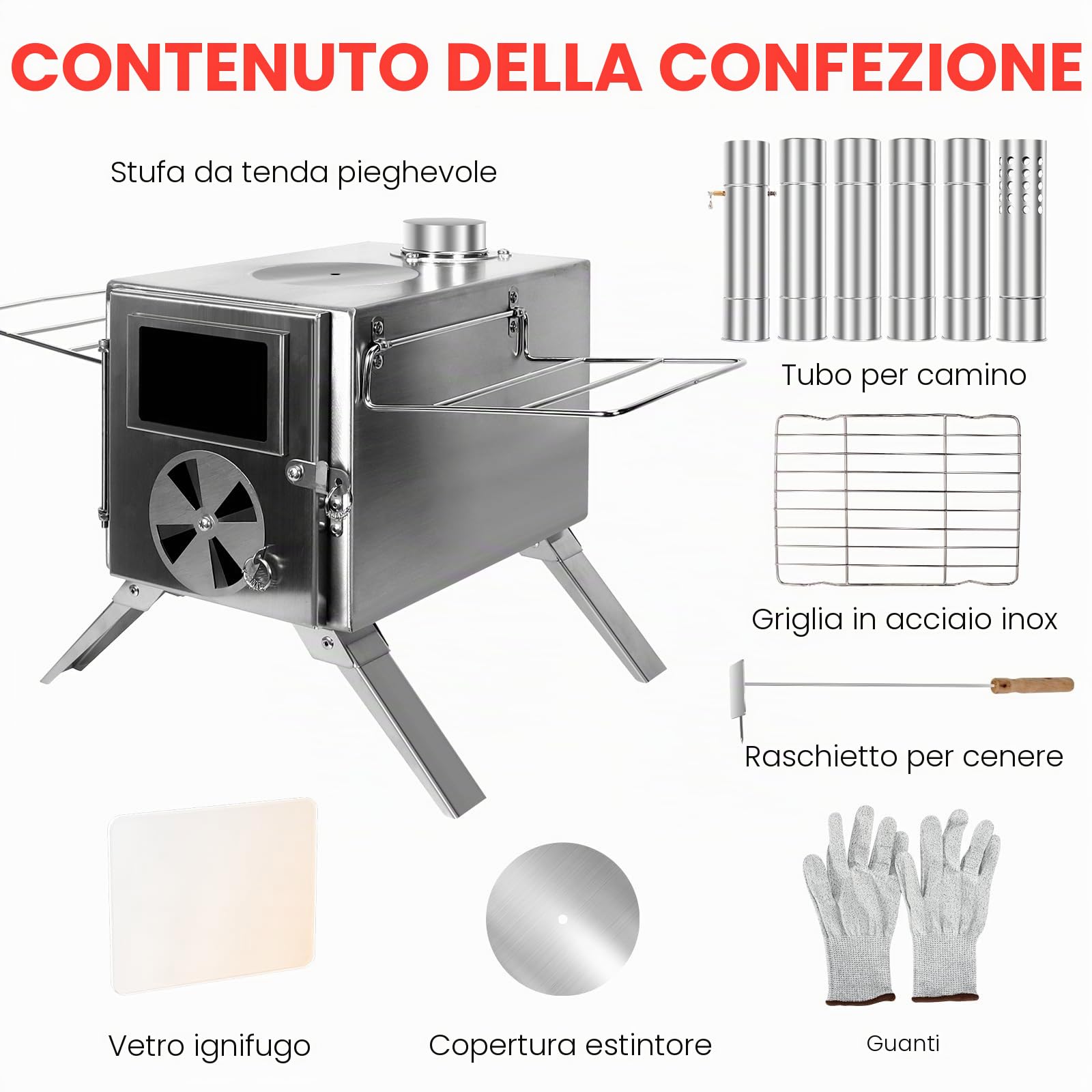 LAMA Stufa da giardino, mini stufa a legna, fornello portatile per campeggio e attività all'aperto, in acciaio inox, con tubi per camino