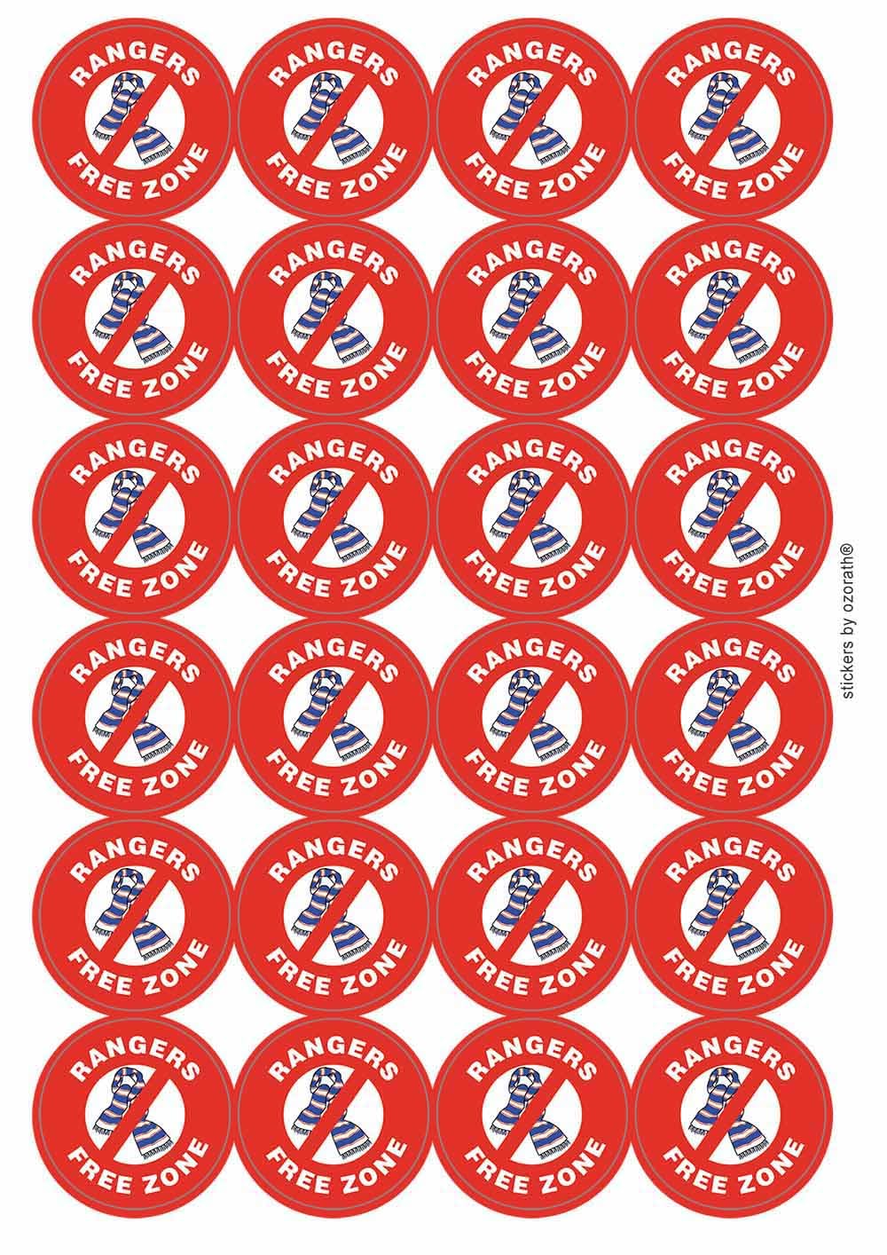 Rangers Free Zone Funny Joke Novelty Circular Matt Paper Stickers A4 Sheet of 24 (Each Sticker is 45mm Diameter)